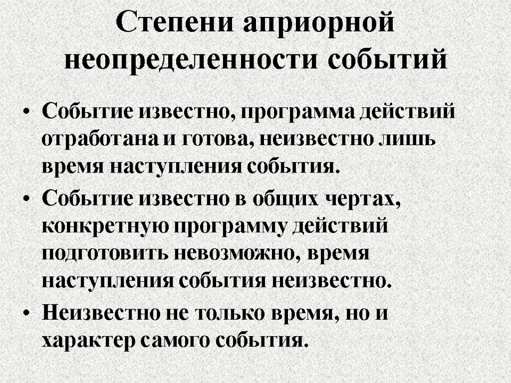 Степени априорной неопределенности событий Событие известно, программа действий отработана и готова, неизвестно лишь время